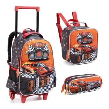 Imagem de Kit Mochila Escolar Com Rodinhas Infantil Carros Racing Team - Denlex,