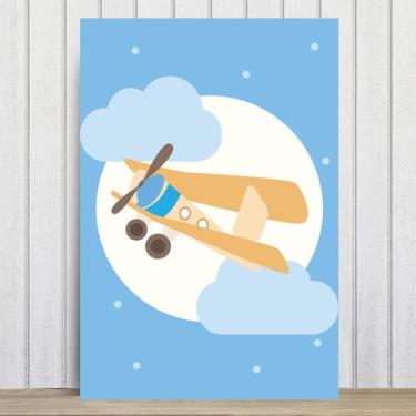 Imagem de Placa Decorativa para Quarto Infantil Azul Avião e Lua 30x40 - Quartin