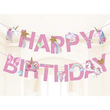 Imagem de Unicórnio, faixa de feliz aniversário, unicórnios, suprimentos de festa, unicórnios, arco-íris, unicórnios, faixas, temas de unicórnio, placa de festa para crianças, decorações de festas temáticas