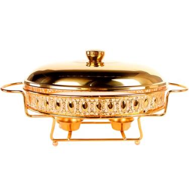 Imagem de jinsongdafa Caçarola assadeira de vidro com tampa e prateleira de aço inoxidável, assadeira grande para caçarola e lasanha, máquina de lavar louça, freezer, micro-ondas e forno (oval dourado, 2 Qt)