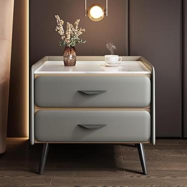 Imagem de Mesa de cabeceira luxuosa com acabamento em couro sintético e tampo de mármore sintético, mesa de cabeceira minimalista moderna com 2 gavetas, armário de armazenamento para quarto e sala de estar (40