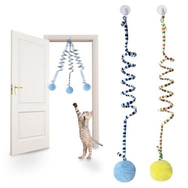 Imagem de Andiker Brinquedo de mola para gatos, brinquedo elástico para pendurar na porta com sino para gatos interativos em ambientes internos, bola de pelúcia macia com brinquedo de gatinho de mola para gatos