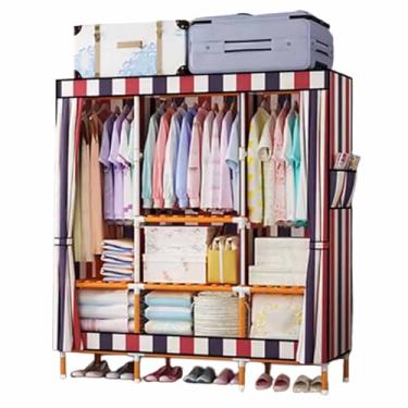 Imagem de Guarda-roupa Armário único, tecido oxford, algodão, eucalipto, estrutura de madeira sólida, conjunto de guarda-roupa, armazenamento de tecido armário