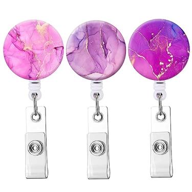 Imagem de Bobina retrátil para crachá, porta-crachá de enfermeira Knocent com clipe de jacaré, porta-cartões de identificação com clipe de crachá fofo para enfermeiros (mármore roxo, pacote com 3)