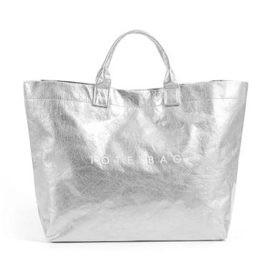 Imagem de Lushandy Sacola feminina de PVC com estampa de letras, sacola grande de papel kraft, bolsa de transporte com alça superior, bolsa Hobo transparente, Prata, One Size
