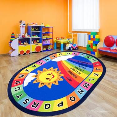 Imagem de USTIDE Tapete grande oval infantil 15 x 23 cm, tapete educativo macio com cores do alfabeto ABC, arco-íris, tapete de sala de aula, antiderrapante, tapete de área de aprendizagem, para quarto, sala de