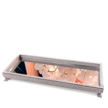 Imagem de Bandeja Espelhada Decorativa Organizadora Luxo Retangular Para Bebidas Bar Copos Sala Jantar 12x30cm (Prata)