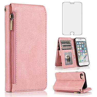 Imagem de Capa tipo carteira compatível com iPhone 7/8/SE 2020 protetor de tela de vidro temperado com zíper e suporte de cartão para iPhone SE2020 iPhone7 iPhone 8 i Phones8 i7 i8 7s 8s feminino ouro rosa