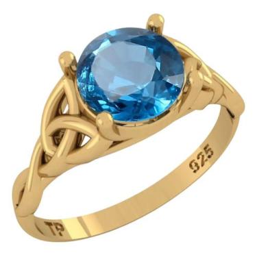 Imagem de Anel Prata 925 Dourada 18k Celta Knot Trinity - Topázio Azul - Tudo Pr