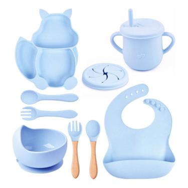 Imagem de Kit 10 Pçs Alimentação Para Bebê Silicone Infantil Ventosa Azul