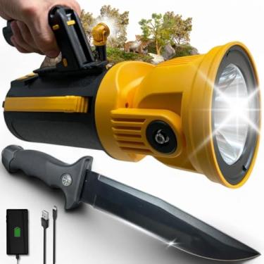 Imagem de Holofote LED Recarregável USB Solar, Super Potente 100000 Lúmens, Alcance 1700m, 5 Modos, Vedação IPX1, Power Bank + Faca de Sobrevivência Tática com Lâmina de Aço e Bússola