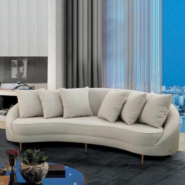 Imagem de Sofá Sala de Estar Curvo Design Moderno 250cm com Almofadas Pés de Madeira Sina Linho Bege G93 - Gran Belo
