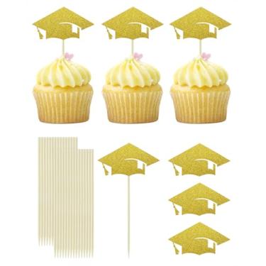Imagem de ONLYKXY 30pcs Graduation Cake Cupcake Toppers Cute Glitter Graduation Cap Shape Food Appetize Decor Stick Picks for Theme Party Easter Bride Shower Birthday Wedding Mini Cake Wall (Golden)