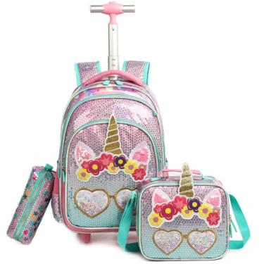 Imagem de Egchescebo Mochila Escolar Infantil com Rodinhas para 17” Meninas e Crianças Rodas Bolsa Mala Carrinho 3PCS Lancheira Juvenil Estojo Costas Viagem Adequado Meninas Adolescentes de Unicórnio Rosa