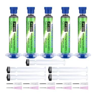 Imagem de Sn63/Pb37 Pasta de solda de estanho, ponto de fusão de 183 °C, pasta de estanho de 20-38 µm para eletrônicos, fluxo de solda para PCB, IC, BGA, reparo SMD (pacote com 5)