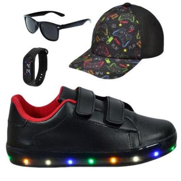 Imagem de Tênis Infantil Masculino Com Led Casual Moderno Confortável Novo +Boné