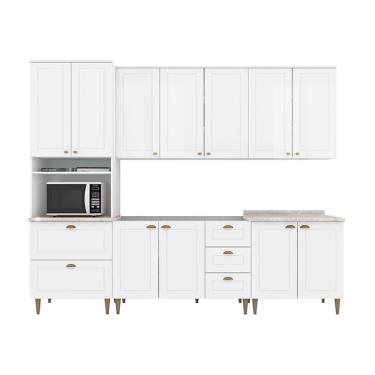 Imagem de Cozinha Completa Americana c/ Pés 6 Peças (2 Armários + 1 Paneleiro + 2 Balcões + 1 Complemento) C5P62 Branco - Henn