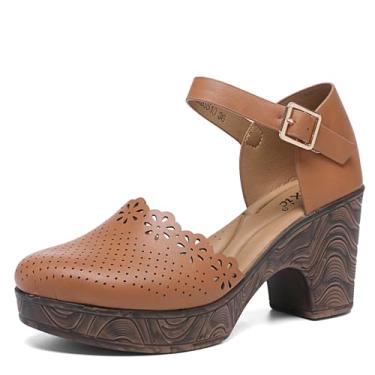 Imagem de Altxic Sandália feminina fechada de bico redondo vazado com tira no tornozelo e fivela de salto grosso, Camelo, 7.5-8