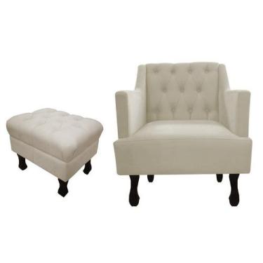 Imagem de Kit Poltrona Decorativa Julia + Puff Luis Xv Couro Bege Pés Madeira Ms
