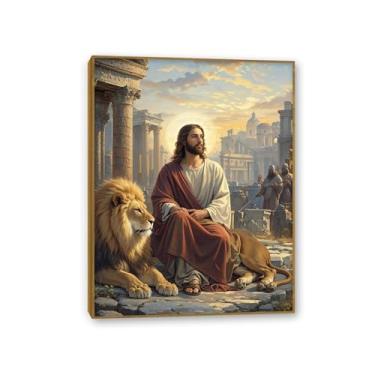 Imagem de Arte de parede em tela de Jesus e Cordeiro, pôsteres de Jesus e leão, pôster de Jesus Rei Leão Cristão Impressão Pintura Religiosa Arte Igreja Decoração de Parede Imagens 40x30 cm Moldura dourada
