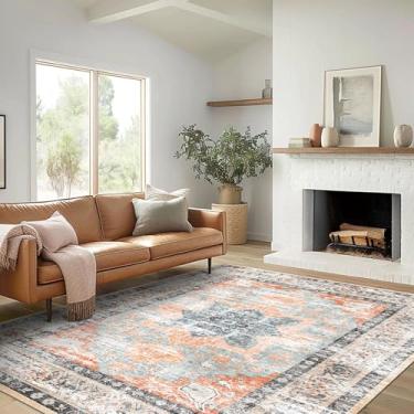 Imagem de vivorug Tapete lavável, tapete ultra macio 10 x 15 cm, tapete antiderrapante, tapetes resistentes a manchas para sala de estar e quarto, tapete vintage (laranja, 12 x 15 cm)