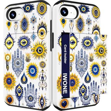 Imagem de IWONE Capa compatível com iPhone 16e 2025 fofa com porta-cartões/slot capa de telefone para mulheres/coleção de olhos turcos símbolo religioso mágico abstrato azul amarelo