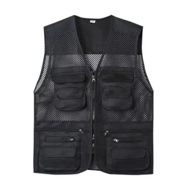 Imagem de Colete De Pesca Casual Masculino, Colete De Pesca Fotográfico Sem Mangas Com Zíper E Malha Respirável Com Vários Bolsos Para Homens, Jaqueta Leve Para Caça E Trabalho Ao Ar Livre(Black,4X-Large)