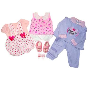 Imagem de Kit Roupinha Bebê Reborn 3 trocas + Tiara e Sapatinho Lilas - Mamãe Re