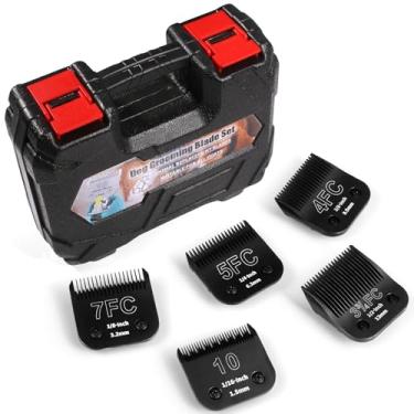 Imagem de YAZIYIR Pacote com 5 lâminas de aço destacáveis para cuidados com cães com suporte de lâmina, compatível com Andis, Oster A5, Wahl série KM-10, comprimento de corte de 1/40.6 cm a 1/5.1 cm (10+7FC+5FC