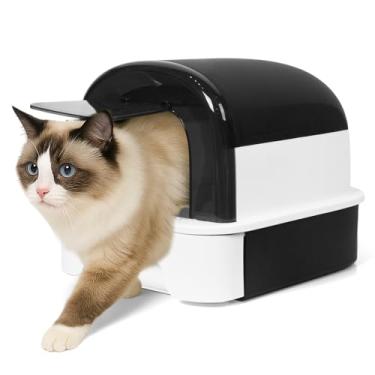 Imagem de TZHYKPHOME Caixa de areia fechada com aba e colher para porta da frente, caixa de areia coberta com alça e fivelas para portabilidade e privacidade (preto brilhante)