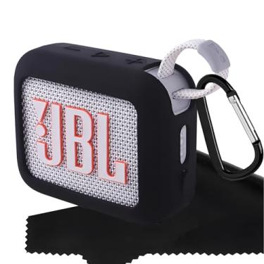 Imagem de Ziseyoru Capa de silicone para alto-falante JBL Go 4 ultra portátil com pano de limpeza de microfibra macio, compatível com acessórios de capa protetora JBL Go 4 com mosquetão (preto)
