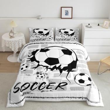 Imagem de Feelyou Conjunto de edredom Queen com bola de futebol e futebol infantil, para meninos, meninas, adolescentes, bola do mundo, respirável, conjunto de edredom preto e branco