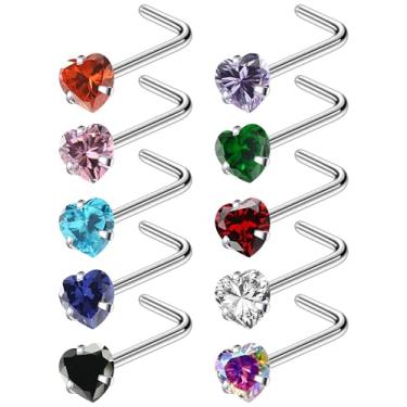 Imagem de Ruifan ASTM F136 Anéis de nariz de titânio 18 G, 20 G, 22 G, cor mista, coração, zircônia cúbica, piercing de nariz, parafuso, em forma de L, hipoalergênico, joia para mulheres 3 mm, 10 peças, 22G