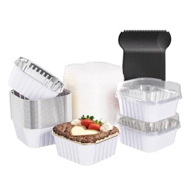 Imagem de Ksmxos Pacote com 25 mini formas de bolo quadradas com tampas, mini formas de pão com tampas, copos de folha de alumínio, copos descartáveis de cupcake, copos de sobremesa para piqueniques de festa de