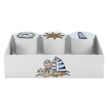 Imagem de Trio de Potes e Bandeja Kit Higiene MDF Urso Marinheiro - Neném na Nuv