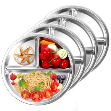 Imagem de Conjunto de 4 pratos de aço inoxidável para crianças, prato dividido redondo de metal para adultos e crianças pequenas, bandeja de controle de porção com bandeja de alimentos dividida com 3