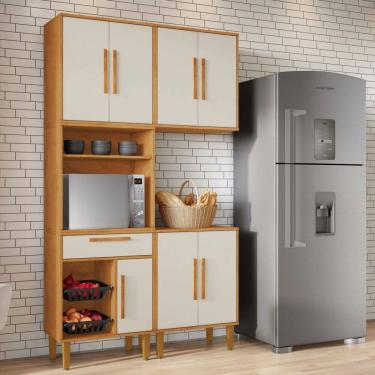 Imagem de Armário de Cozinha Lorena 7 Portas 1 Gaveta com Fruteira Natural/Off White - Kaiki Móveis