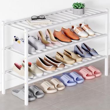 Imagem de Smiry Sapateira de bambu para armário, organizador de sapatos empilhável de madeira de 3 níveis, prateleira de armazenamento de sapatos de pé livre para entrada, entrada da porta da frente, branca