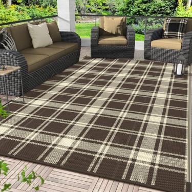 Imagem de Tapete GENIMO para área externa, reversível, 152 cm x 243 cm, palha de plástico, leve e impermeável, para trailer, para acampamento, pátio, varanda, deck, quintal, piquenique, café e bege