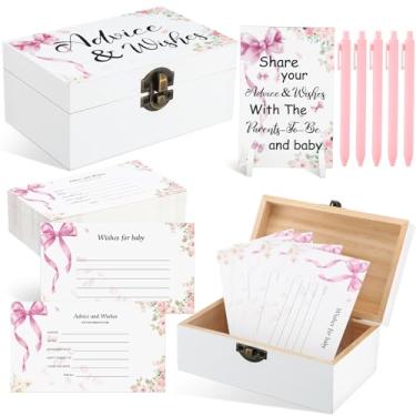 Imagem de Geelin Caixa de cartões de conselhos e desejos para chá de bebê - 100 peças de cartões de conselhos de laço rosa, 1 placa de madeira com 2 suportes e 5 canetas para decorações de chá de bebê, convites