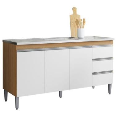 Imagem de Balcão de Pia 150 cm Adriana 3 Portas 3 Gavetas - AJL, Amêndoa/Branco