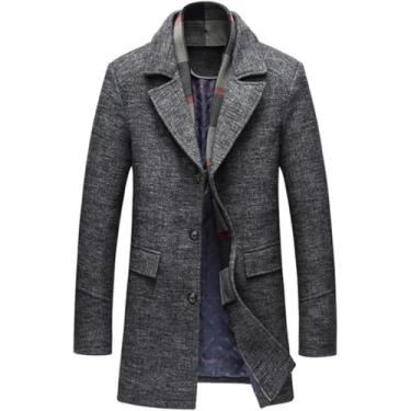 Imagem de Jaqueta De Mistura De Lã Masculina Casaco De Lã Grosso De Inverno Lenço Destacável Casaco Longo Sobretudo Masculino, Grey, L