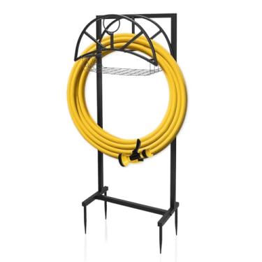 Imagem de ZEMIRO CHARGE Suporte de mangueira de jardim resistente para uso externo – cesta de armazenamento removível com 4 ganchos de pontas, suporte independente super estável suporta mangueira de 30 m