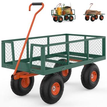 Imagem de GarveeTech Carrinho de jardim de aço, 226 kg, vagão utilitário dobrável 3 em 1 com laterais removíveis, pneus de 25,4 cm, alça giratória de 180° para atividades ao ar livre, fazenda, gramado e jardim,