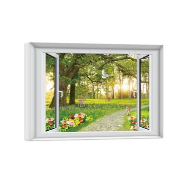Imagem de Quadro de Parede Janela Falsa-Paisagens Impressões em Tela-Árvore Deer Flores-Natureza Pinturas Decoração 50x70cm-19x27in Tela Embrulhada