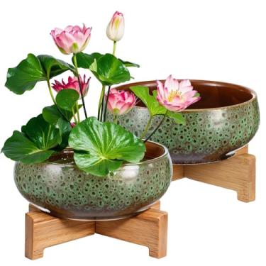 Imagem de Baderke 2 peças de vaso de lótus com base de cerâmica hidropônica tigela de lírio d'água para plantar plantas aquáticas e internas decoração de bacia de cerâmica doméstica (verde)