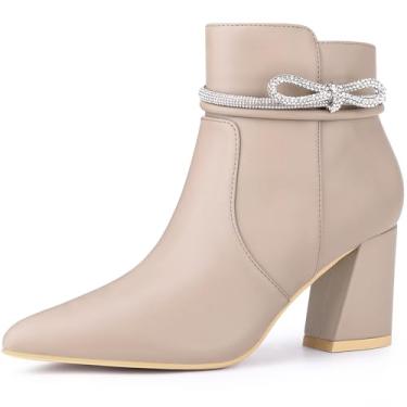 Imagem de Perphy Botas femininas de salto grosso, bico fino, laço de strass, Bege, 39