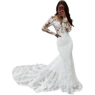 Imagem de Vestido De Noiva Sereia De Manga Comprida Vestidos De Noiva De Escritório Civil Vestidos De Noiva De Tule Com Trem, White, 50