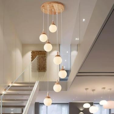 Imagem de Pendente E27 Escada De Madeira Moderna Lâmpada Longa Pendurada Para Tetos Altos Lustres De Comprimento Ajustável Luz De Teto Luz De Teto De Madeira Abajur Para Escadas, One Color, 9 lights