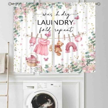 Imagem de TKUYO Cortinas de lavanderia para janelas, roupas de bebê penduradas em aquarela rústica folhas de eucalipto rosa floral para cozinha, sala de estar, quarto, banheiro, janelas, 107 x 114 cm